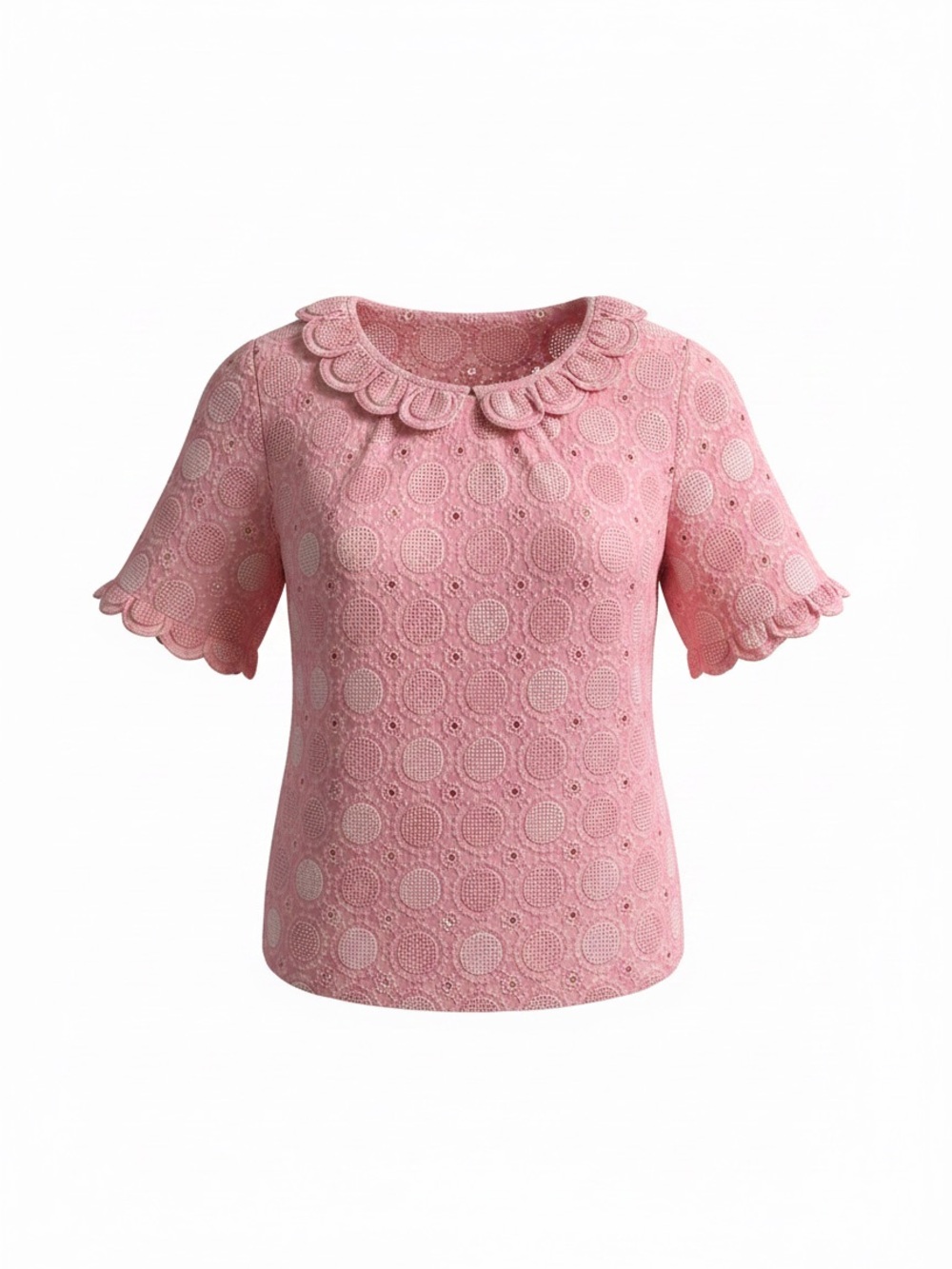 Handmade Pink Eyelet Lace Short Sleeve Top with Scallop Collar Size M or L